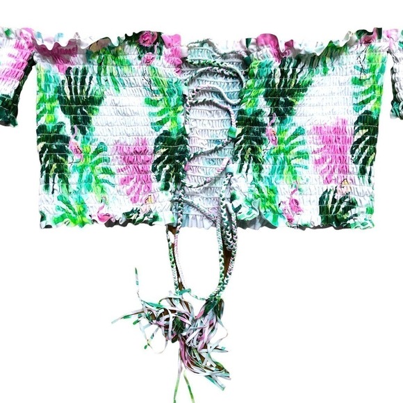 PILYQ Tropical Floral Smocked Off Shoulder Reversible Bikini Top NWT Cup Size D - Picture 8 of 16